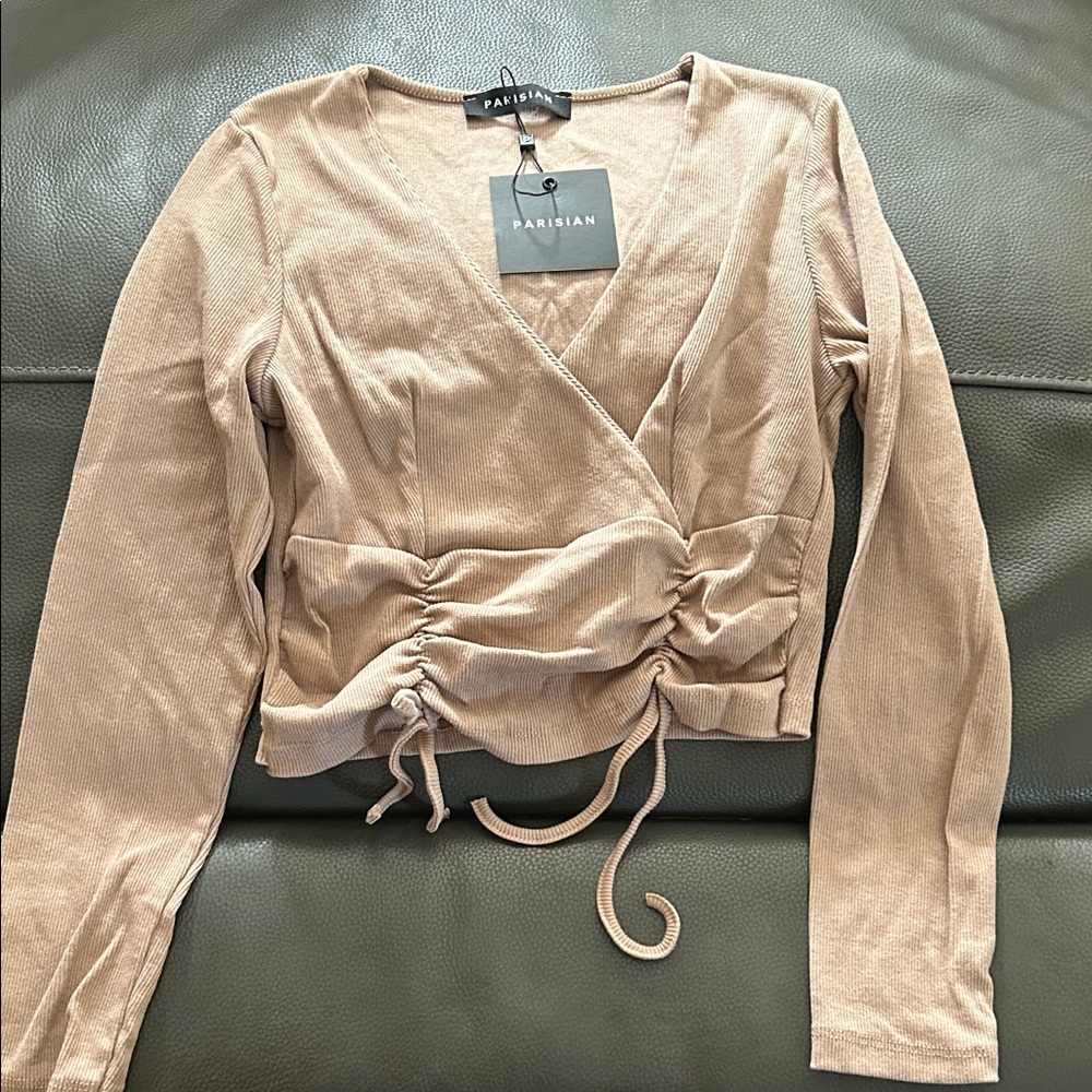 Parisian Works Women's Beige Ruched Wrap Blouse